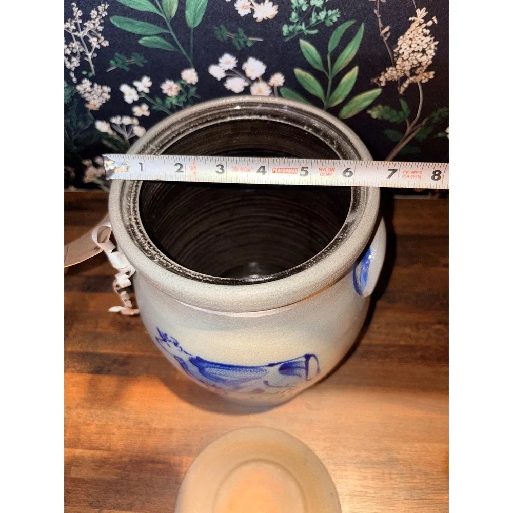 Rowe Pottery Salt Glazed Stoneware Crock Cobalt Blue Cow Lidded Canister